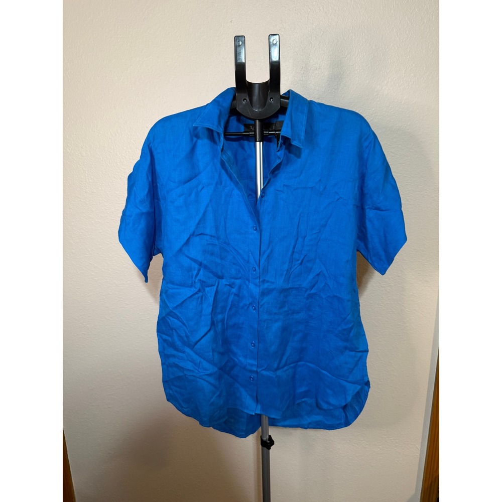 Lauren Ralph Lauren Blue 100% Linen Short Sleeve Button Down Shirt Womens L